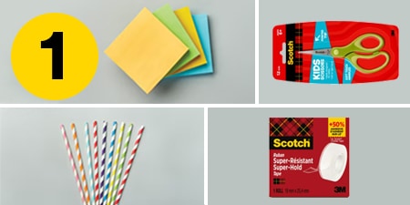 Step 1 - supplies you need: Post-it® Notes, Scotch™ Kids Scissors, Scotch® Super-Hold Tape, and paper straws
