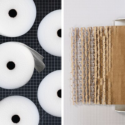 An image with bubble wrap rolls on the left, and a roll of 3M Scotch™ Cushion Lock™ on the right.
