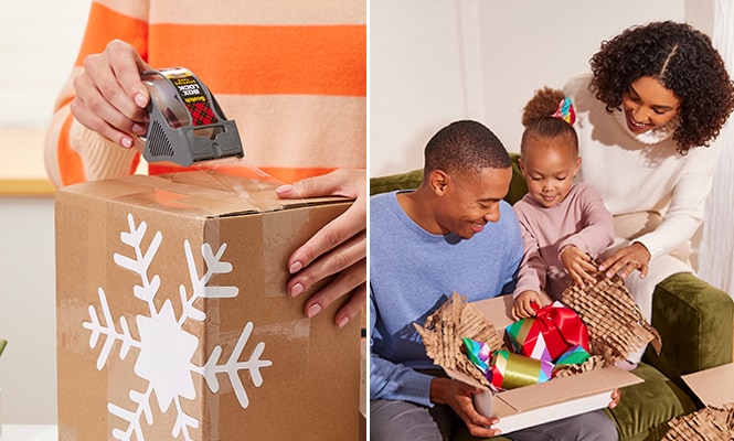 Sealing a holiday package with Scotch® Box Lock™ Tape on the left-hand side and a scene depicting the unpacking experience on the right-hand side of the image
