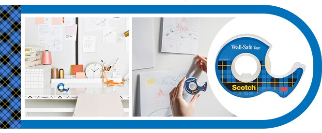 Scotch® Wall-Safe Tape and usage examples - covering walls with kids' art and revision notes
