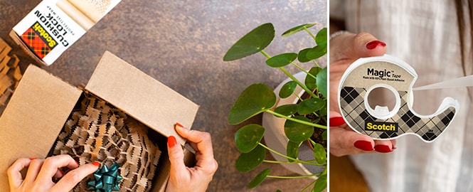 Scotch™ Cushion Lock™ Protective Wrap and Scotch® Magic™ Tape Made with 66% Plant Based Adhesive in use
