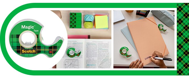 Scotch® Magic™ Tape and usage examples - torn book page repair and label creation
